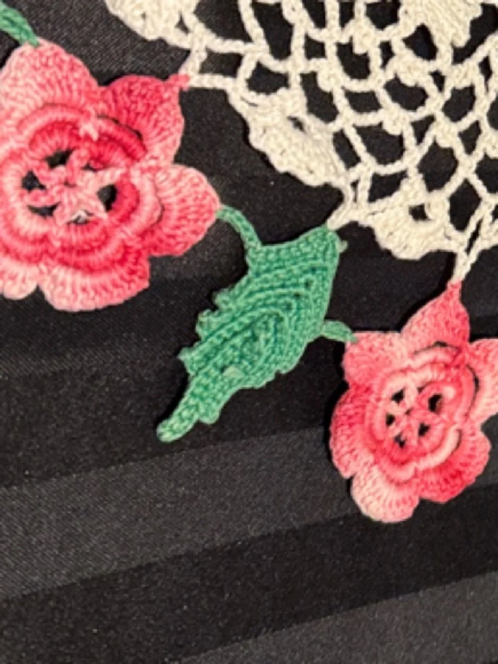 Handmade Irish Rose Crochet Doily with Multi-toned Pink Roses and Greenery